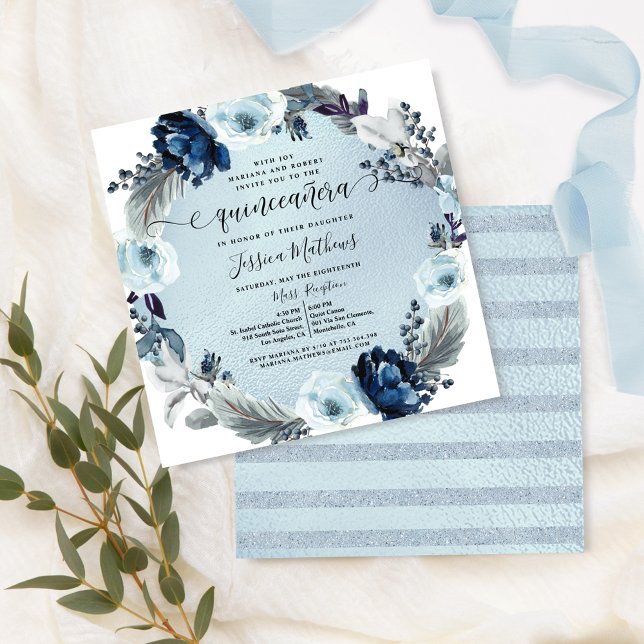 Elegant Light Blue Quinceañera, Floral Invitation (Creator Uploaded)
