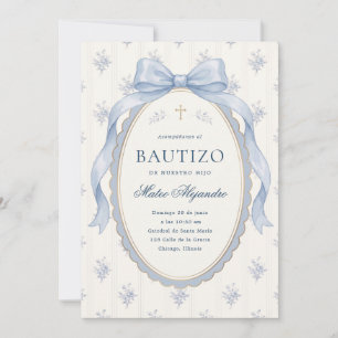 Elegant Light Blue Watercolor Bow Toile Bautizo Invitation