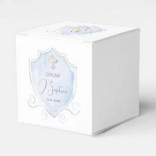 Elegant Light Blue Watercolor Crest Baptism Cube Favor Box