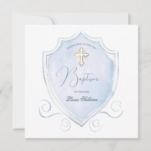 Elegant Light Blue Watercolor Crest Baptism Invitation