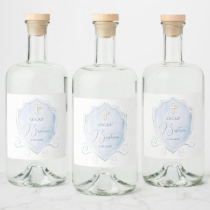 Elegant Light Blue Watercolor Crest Baptism Liquor Bottle Label
