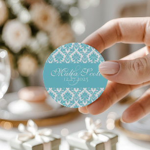 Elegant Light Blue White Damask Wedding Favor Classic Round Sticker