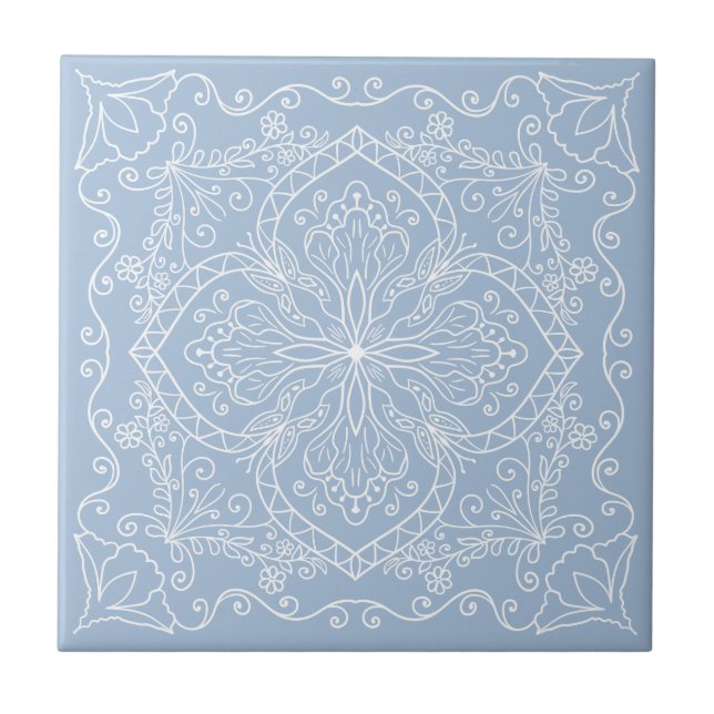 Elegant Light Blue White Flowers Butterfly Tile (Front)
