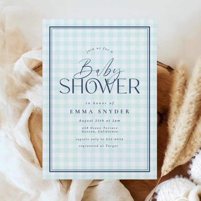 Elegant Light Blue White Gingham Boy Baby Shower Invitation (Creator Uploaded)