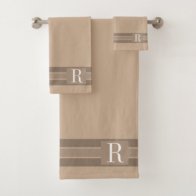 Elegant Light Brown Striped Banner Add Initial Bath Towel Set (Insitu)