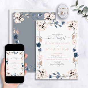 Elegant Light Dusty Blue Blush Pink Floral Wedding Invitation