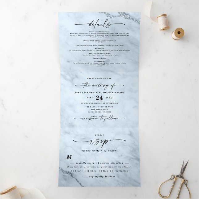 Elegant Light Dusty Blue Metallic Marble Wedding Tri-Fold Invitation (Inside)