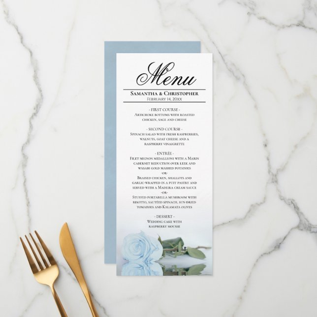 Elegant Light Dusty Blue Mirrored Rose Wedding Menu (Front/Back In Situ)