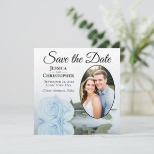 Elegant Light Dusty Blue Rose & Oval Photo Wedding Save The Date