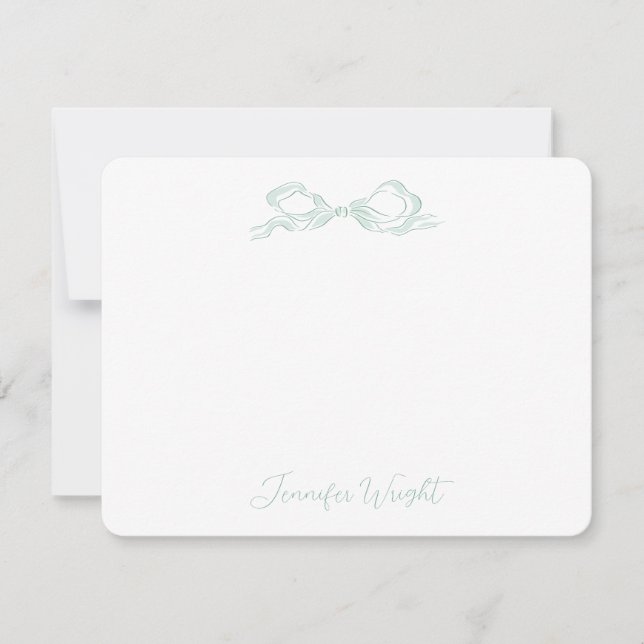 Elegant Light Green Bow Personalized Stationery Card (Front)