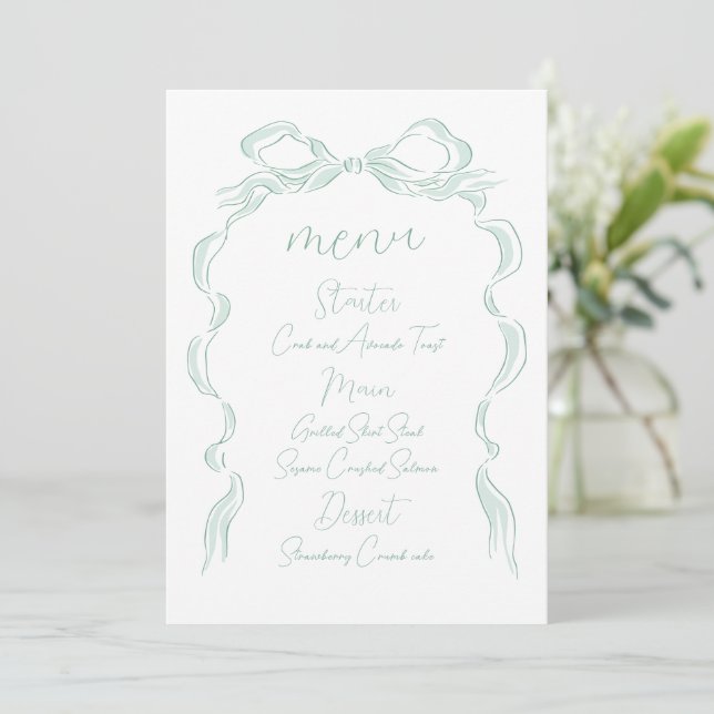Elegant Light Green Hand Drawn Bow Wedding Menu (Standing Front)