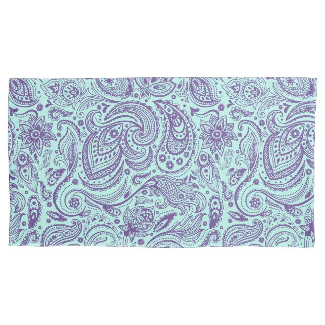 Elegant Light Green & Purple Floral Paisley Pillowcase (Front)