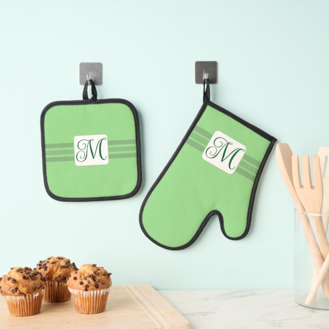Elegant Light Green Striped Fancy Initial Oven Mitt & Pot Holder Set (Insitu(Hanging))