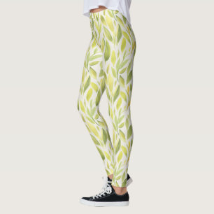Elegant Light Green Yellow Leaves Pattern Leggings