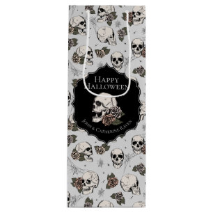 Elegant Light Grey Floral Skulls Halloween Wine Gift Bag