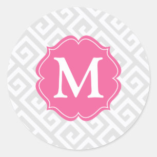 Elegant Light Grey Greek Key Personalized Classic Round Sticker