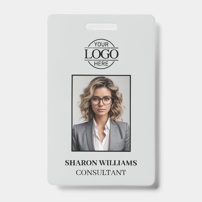 Elegant Light Grey Minimalist Employee Photo Badge (Front)