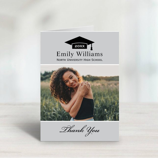 Elegant Light Grey Personalized Graduation Photo Thank You Card (Creator Uploaded)