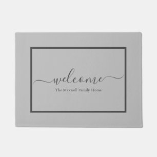 Elegant light grey script family name welcome  doormat