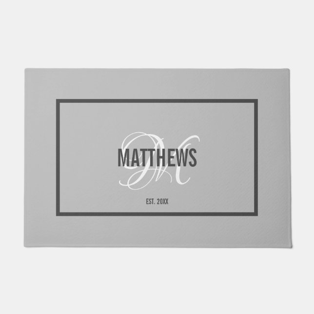 Elegant light grey script monogram name wedding  doormat (Front)