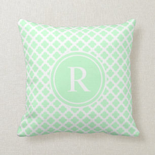 Elegant Light Mint Green Quatrefoil Monogram Throw Pillow