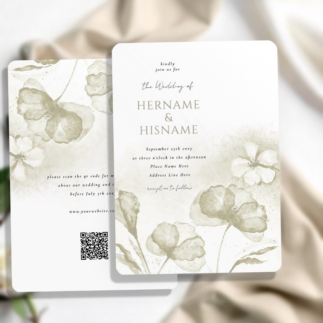 Elegant Light Olive Green Floral QR RSVP Wedding Invitation (Creator Uploaded)