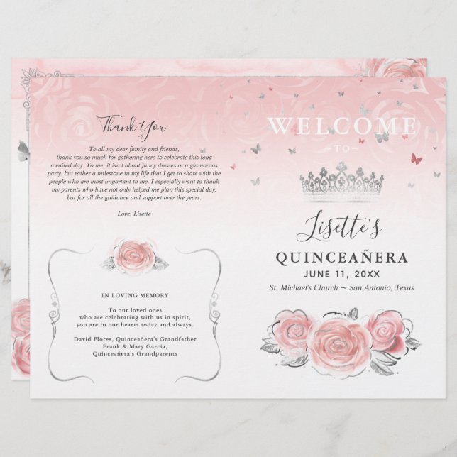 Elegant Light Pink and Silver Quinceanera Program (Front/Back)