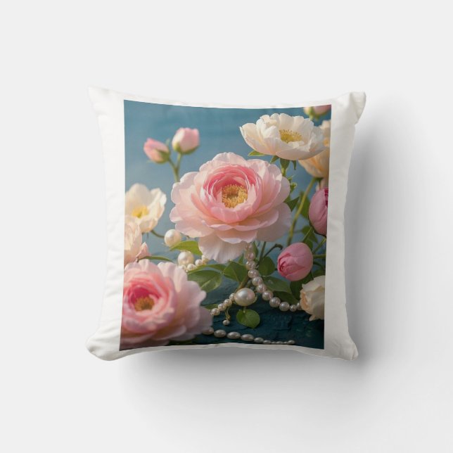 Elegant light pink blush flowers with pearls  throw pillow (Front)