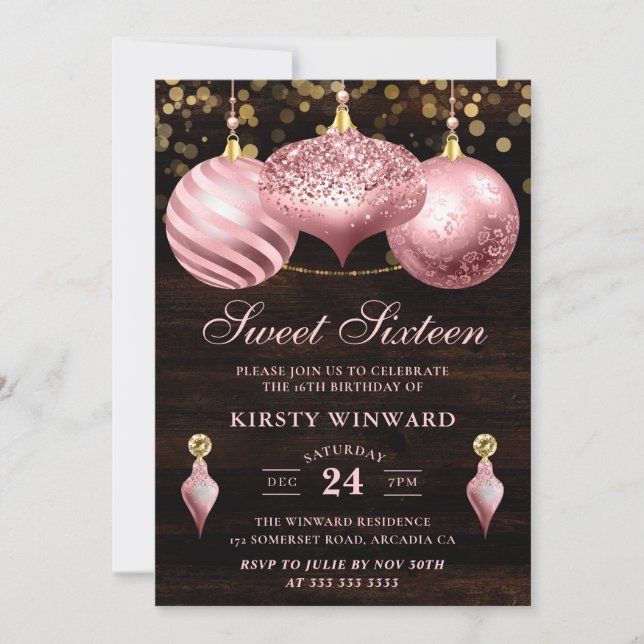 Elegant Light Pink Christmas Baubles Sweet 16 Invitation (Front)