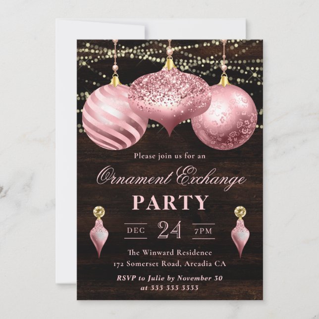 Elegant Light Pink Christmas Ornament Exchange Invitation (Front)