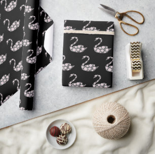 Elegant Light Pink Diamond Swan & Black Background Wrapping Paper