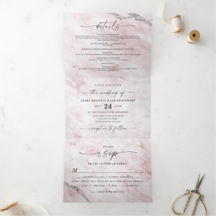 Elegant Light Pink Marble with Silver Foil Wedding Tri-Fold Invitation