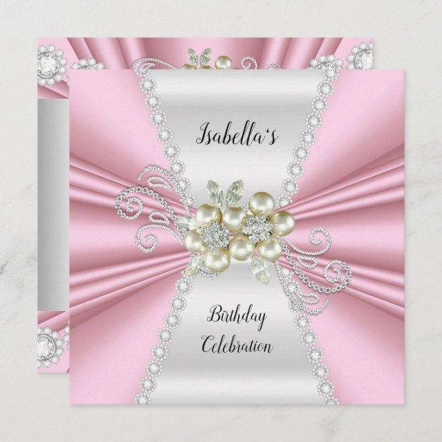 Elegant Light Pink Pearl White Diamond Birthday Invitation (Front/Back)