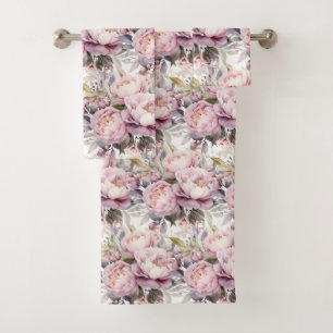 Elegant Light Pink Peonies Roses Floral Towel Set