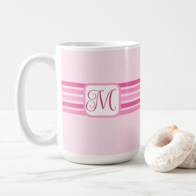 Elegant Light Pink Striped Initial Coffee Mug (With Donut)
