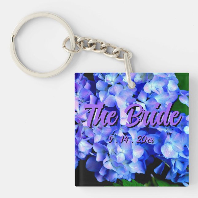 Elegant light purple blue magenta floral hydrangea keychain (Front)