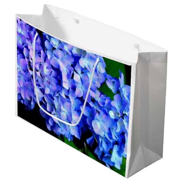 Elegant light purple blue magenta floral hydrangea large gift bag (Front Angled)