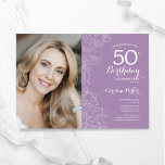 Elegant Light Purple Floral Photo 50th Birthday Invitation<br><div class="desc">Light purple floral 50th birthday party invitation with your photo on the front of the card. Elegant modern design featuring botanical outline drawings accents and typography script font. Simple trendy invite card perfect for a stylish female bday celebration. Can be customized to any age. Printed Zazzle invitations or instant download...</div>