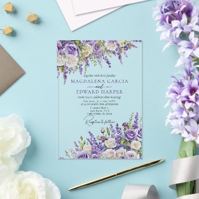 Elegant Light Purple Lavender Roses Floral Wedding Acrylic Invitations (Insitu (Wedding))