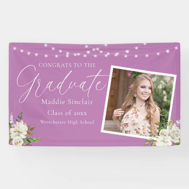 Elegant Light Purple Photo Floral Graduation Banner (Horizontal)
