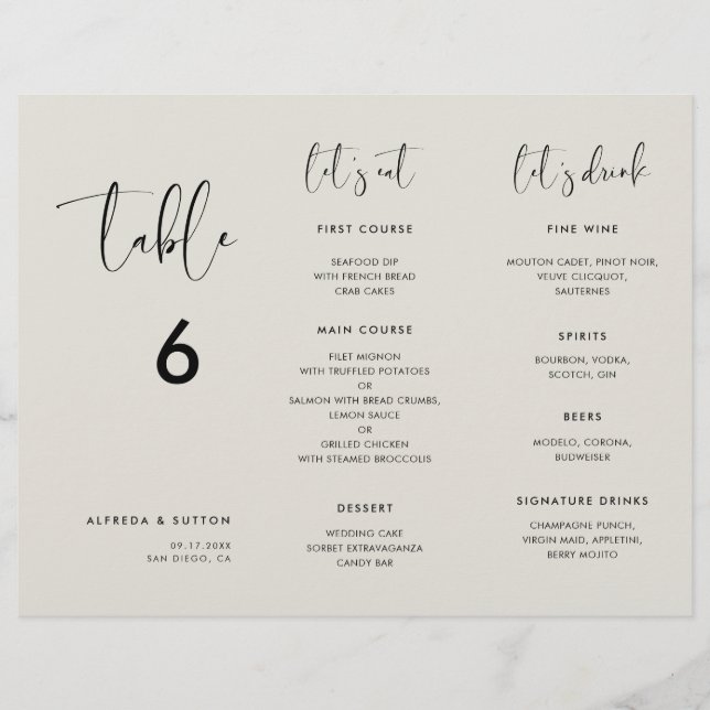 Elegant Light Sage Green Menu Table number trifold (Front)