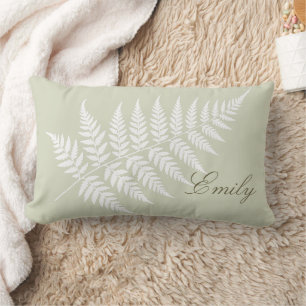 Elegant Light Sage Green White Fern Script Name Lumbar Pillow