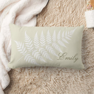 Elegant Light Sage Green White Fern Script Name Lumbar Pillow