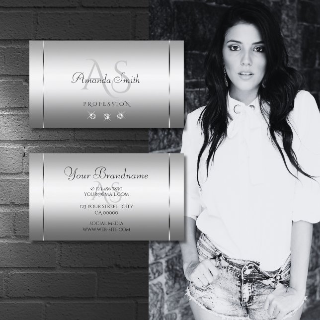 Elegant Light Silver Noble Letters with Diamonds Business Card (Creator Uploaded)