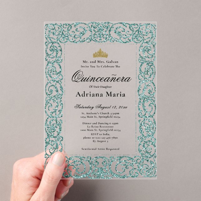 Elegant Light Teal 15th Birthday Quinceanera Acrylic Invitations (Insitu (Handheld))