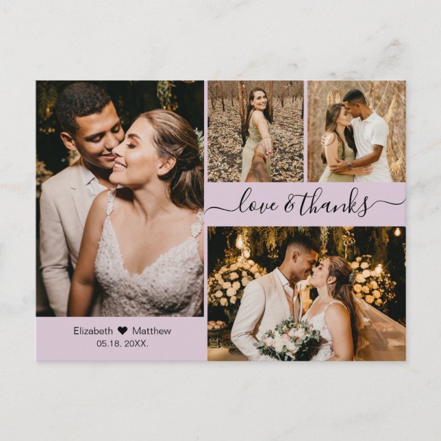 Elegant Lilac 4 Photo Collage Wedding Thank You Postcard (Front)