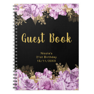 Elegant Lilac and Gold Flowers Birthday Guest Book