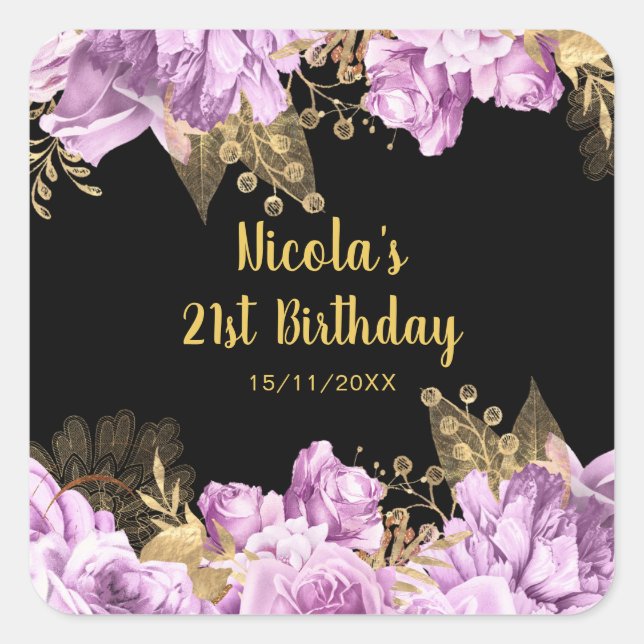 Elegant Lilac and Gold Flowers Birthday Party Square Sticker (Front)