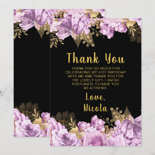 Elegant Lilac and Gold Flowers Birthday Party Thank You Card