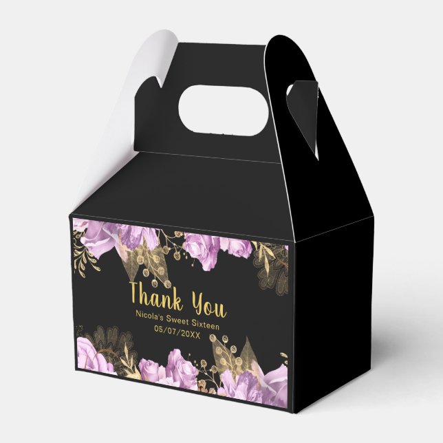 Elegant Lilac and Gold Flowers Sweet Sixteen Favor Box (Front Side)